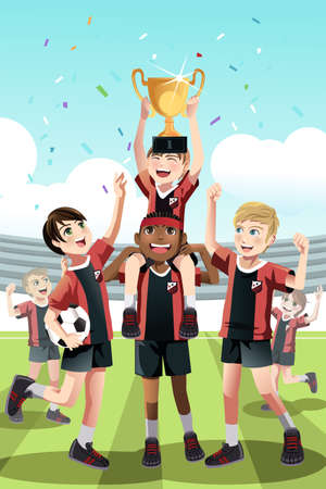 A  illustration of a young soccer team celebrating a win and lifting a trophyのイラスト素材