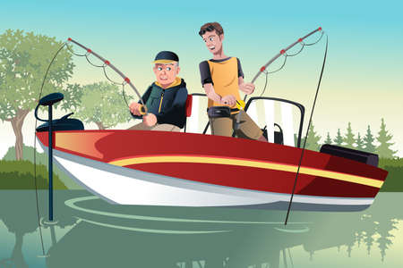 A  illustration of a senior father and his adult son going fishing on a boatのイラスト素材