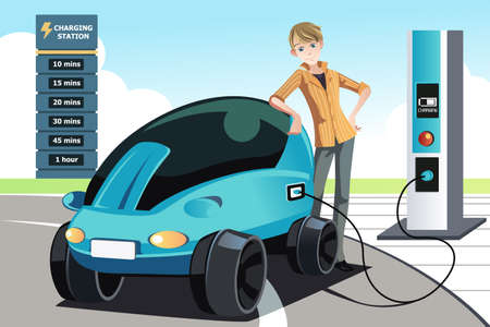 A  illustration of a man charging his electric car at the stationのイラスト素材