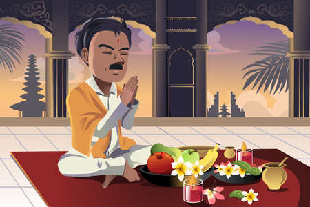 A vector illustration of Hindu man praying in a templeのイラスト素材