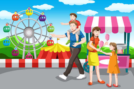 A vector illustration of a happy family recreation in the amusement parkのイラスト素材