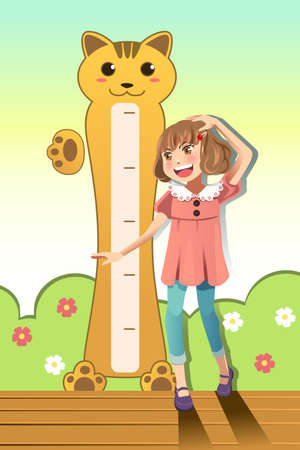 A vector illustration of a girl measuring her height with height scale on the wallのイラスト素材