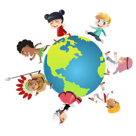 A vector illustration of kids in different nationalities dressed in their traditional clothes running around the world, can be used for unity or diversity conceptのイラスト素材