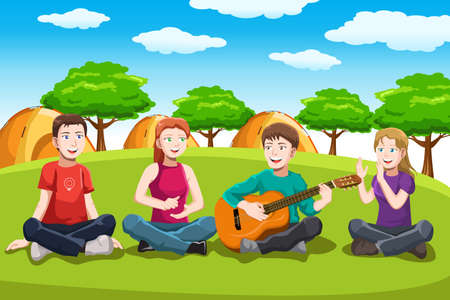 A  illustration of teens playing music in the parkのイラスト素材