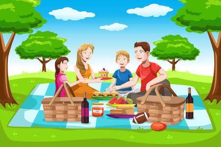 A illustration of a happy family having a picnic in the parkのイラスト素材