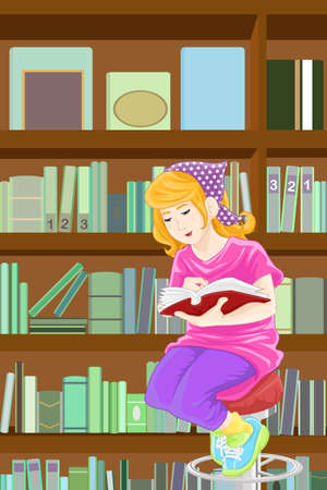 A  illustration of a girl studying in the libraryのイラスト素材