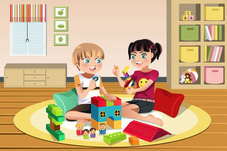 A vector illustration of happy kids playing toys togetherのイラスト素材