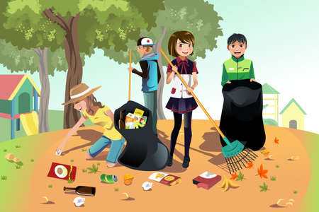 A vector illustration of kids volunteering by cleaning up the parkのイラスト素材