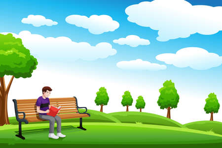 A vector illustration of a man reading a book in a park aloneのイラスト素材