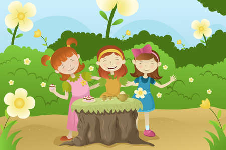 A vector illustration of happy girls having a garden partyのイラスト素材