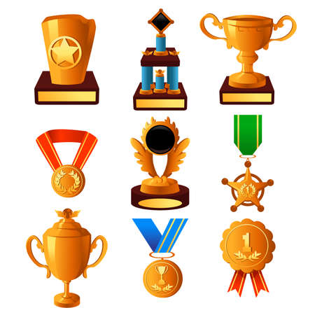 A vector illustration of gold medal and trophy icon setsのイラスト素材