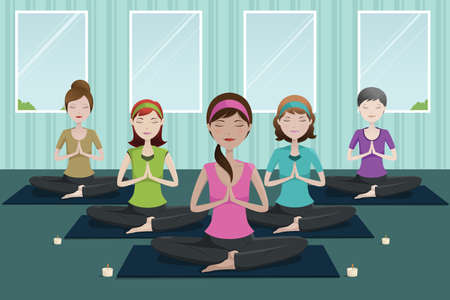A vector illustration of group of happy women doing yoga in a studioのイラスト素材