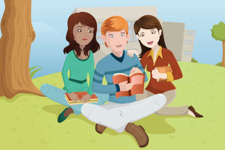 A vector illustration of multi-ethnic college students studying outdoor on the grassのイラスト素材