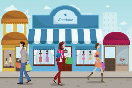 A vector illustration of stylist people shopping in an outdoor mall with French boutique styleのイラスト素材