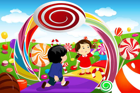 A vector illustration of happy kids playing in a candy landのイラスト素材
