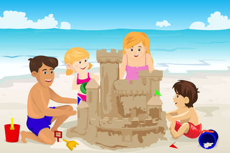 A vector illustration of happy family building sand castle on beachのイラスト素材