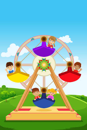 A vector illustration of happy kids riding a ferris wheelのイラスト素材