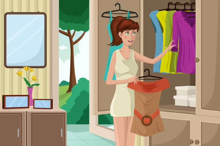 A vector illustration of  young woman selecting an outfit from her wardrobeのイラスト素材