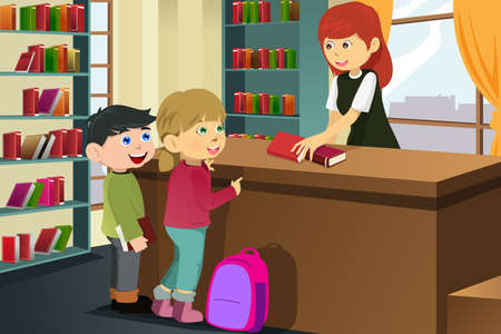 A vector illustration of a happy kids borrowing  books in the libraryのイラスト素材