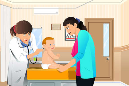 A vector illustration of a doctor examining a baby at her officeのイラスト素材