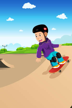A vector illustration of cute boy playing skateboard in a skate parkのイラスト素材