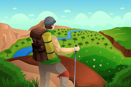 A vector illustration of hiker with backpack standing on top of mountainのイラスト素材