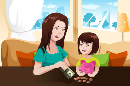 A vector illustration of beautiful mother giving money to her daughter and saving it to a piggy bankのイラスト素材
