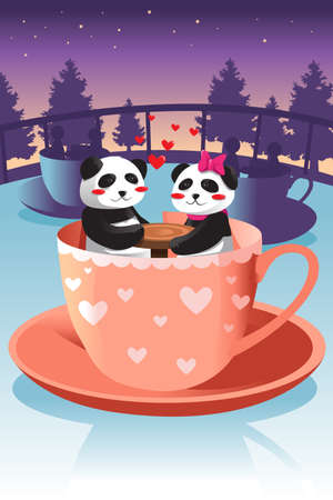 A vector illustration of cute couple panda riding teacup game at the amusement parkのイラスト素材