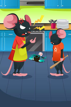 A vector illustration of angry mouse yelling at her kid in the kitchenのイラスト素材