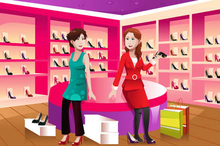 A vector illustration of happy women buying shoes in a shoes storeのイラスト素材