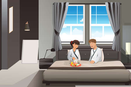 A illustration of Happy couple having breakfast in bedのイラスト素材