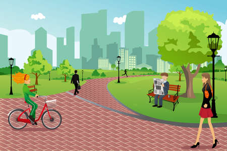 A illustration of young modern trendy people in a city park doing activitiesのイラスト素材