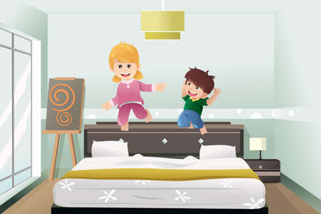 A illustration of active kids jumping on the bedのイラスト素材