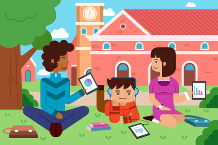 A  illustration of college student in the campus with tablet PCのイラスト素材