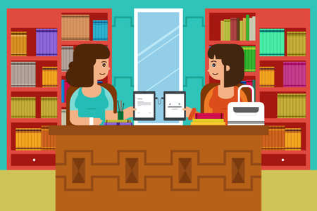 A vector illustration of two college student transferring data with tablet PCのイラスト素材