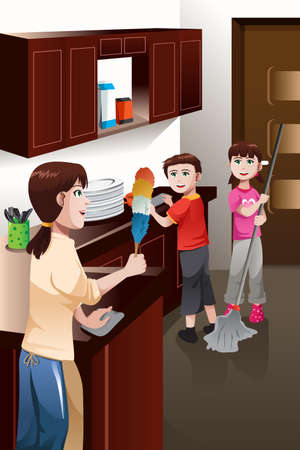 A vector illustration of happy kids helping their mother cleaning houseのイラスト素材