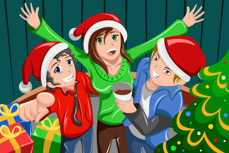 illustration of happy young people having a Christmas party togetherのイラスト素材