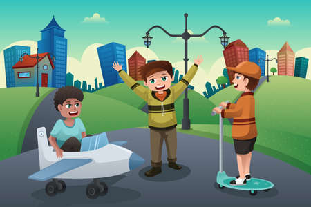 A vector illustration of happy kids playing in the street of a suburban neighborhoodのイラスト素材