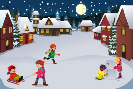 A vector illustration of happy kids playing in a winter wonderland togetherのイラスト素材