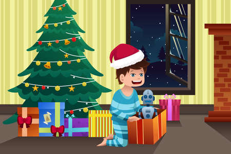 A vector illustration of cute little boy opening a present under the Christmas treeのイラスト素材