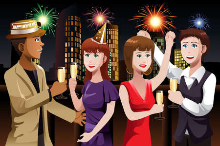 A vector illustration of group of young people celebrating New Yearのイラスト素材