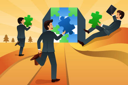 A vector illustration of businessmen making a puzzle for business teamwork conceptのイラスト素材