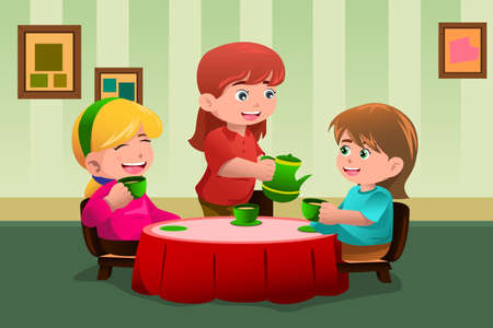 A vector illustration of cute girls having a tea party togetherのイラスト素材