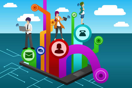 A vector illustration of people using different mobile device のイラスト素材
