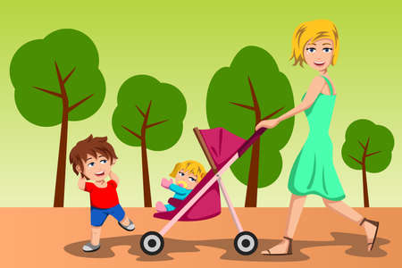 A vector illustration of beautiful mother walking with her kidsのイラスト素材