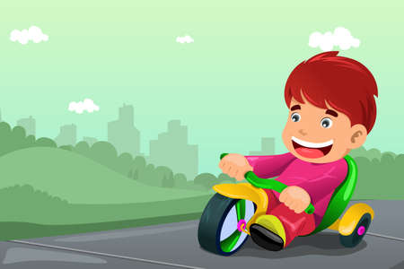 A vector illustration of cute boy riding tricycle in the parkのイラスト素材
