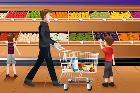 A vector illustration of father and his kids doing grocery shopping togetherのイラスト素材