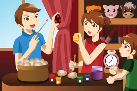 A vector illustration of kids painting Easter eggs at homeのイラスト素材
