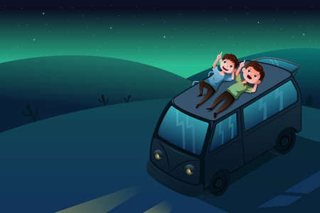 A vector illustration of father and son lying down looking at the stars at nightのイラスト素材