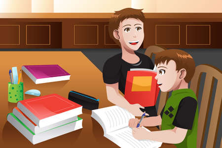 A vector illustration of father helping his son doing his homeworkのイラスト素材